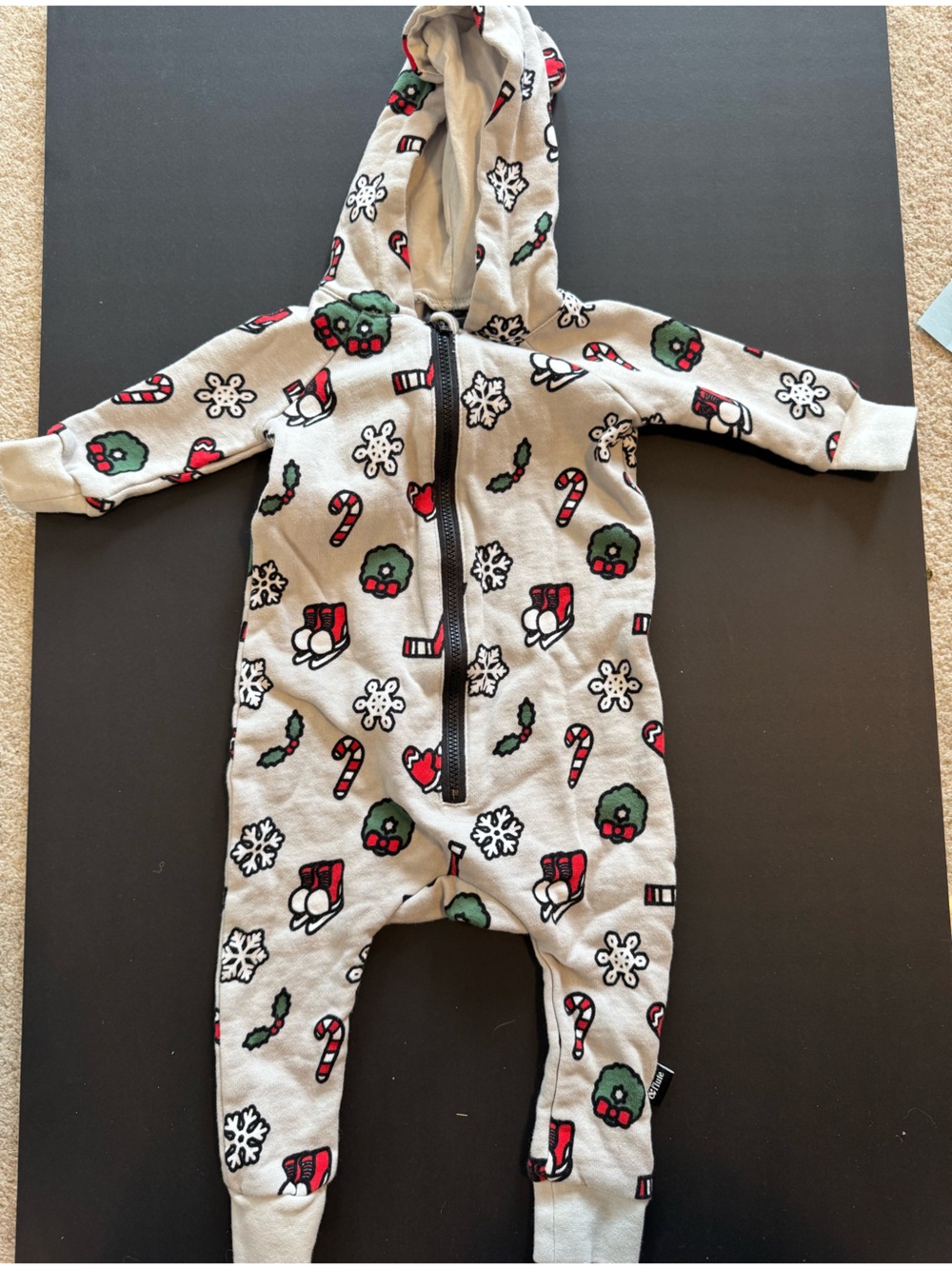 Kids Cream Holiday Hooded Romper with Festive Print